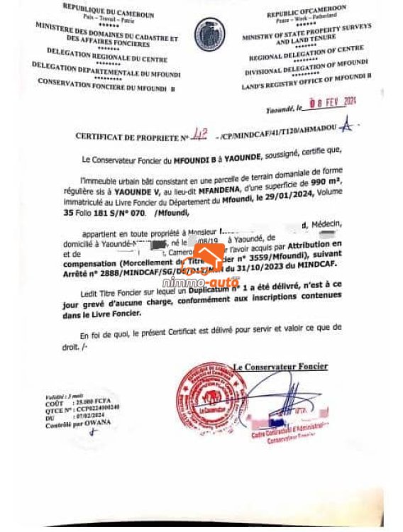 Terrain titré à vendre à omnisports